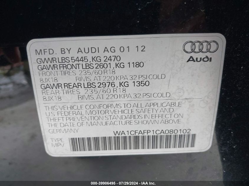 2012 Audi Q5 2.0T Premium VIN: WA1CFAFP1CA080102 Lot: 39986495