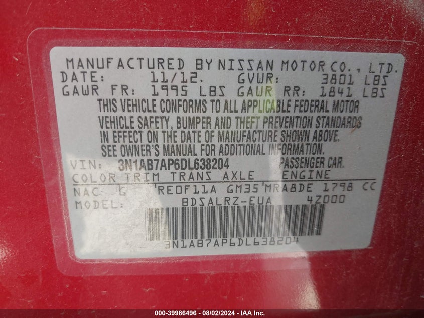 2013 Nissan Sentra Sr VIN: 3N1AB7AP6DL638204 Lot: 39986496