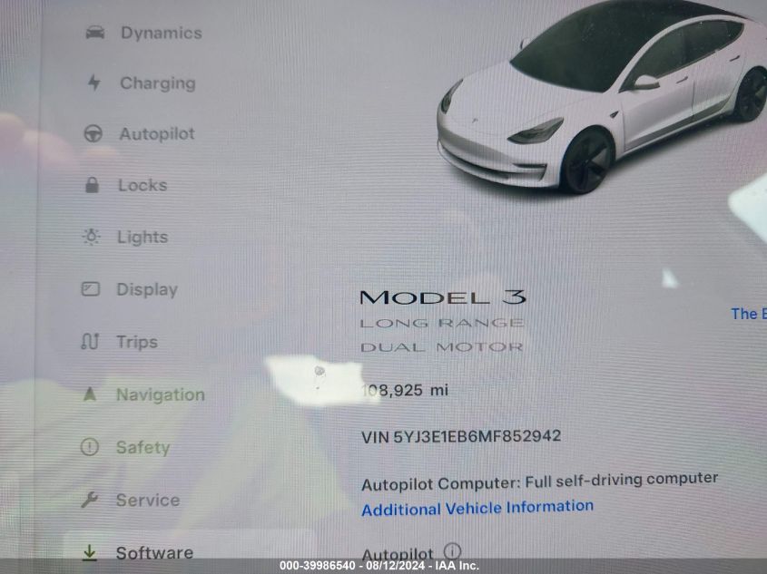 2021 Tesla Model 3 Long Range Dual Motor All-Wheel Drive VIN: 5YJ3E1EB6MF852942 Lot: 39986540