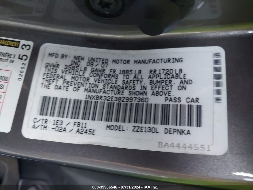 2008 Toyota Corolla Le VIN: 1NXBR32E38Z997360 Lot: 39986546