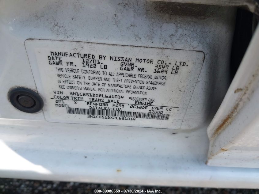 2002 Nissan Sentra Gxe VIN: 3N1CB51DX2L631014 Lot: 39986559