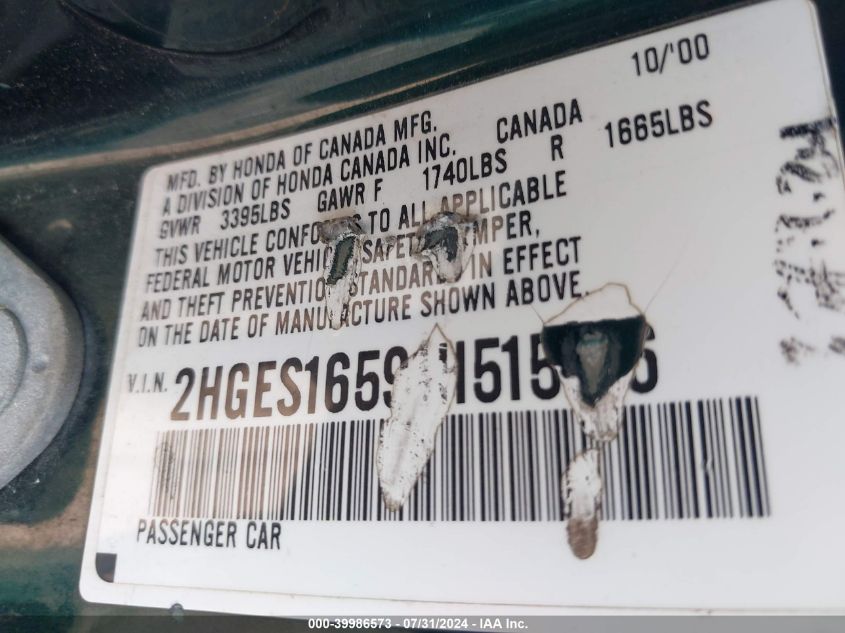 2001 Honda Civic Lx VIN: 2HGES16591H515716 Lot: 39986573