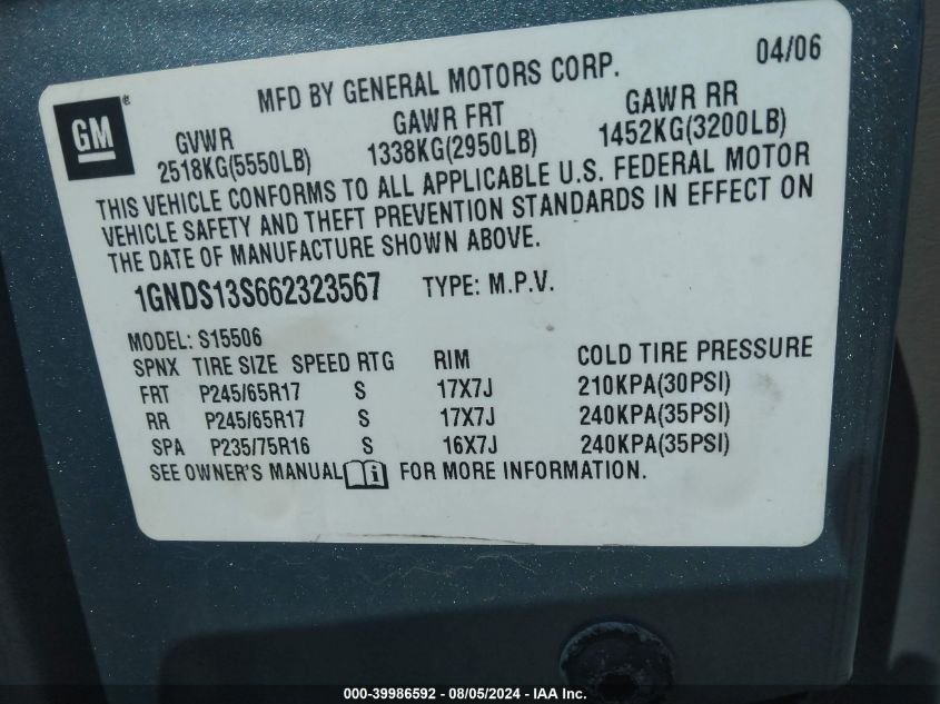 2006 Chevrolet Trailblazer Ls VIN: 1GNDS13S662323567 Lot: 39986592