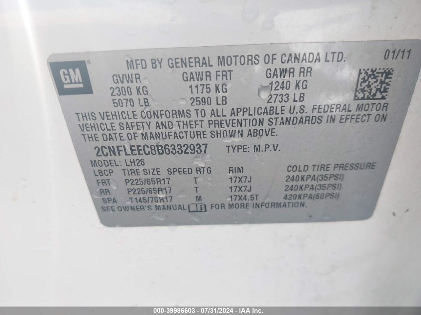 2011 Chevrolet Equinox 1Lt VIN: 2CNFLEEC8B6332937 Lot: 39986603