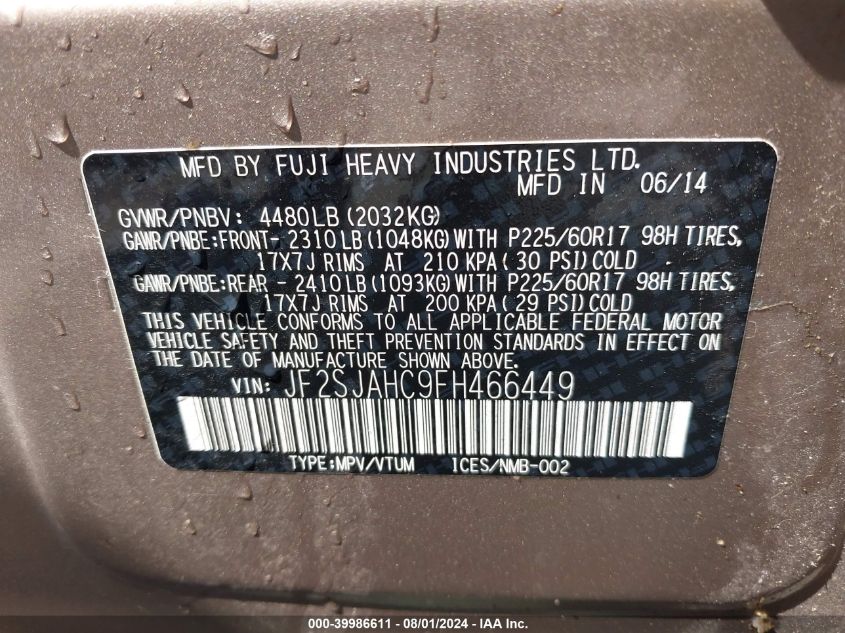 2015 Subaru Forester 2.5I Limited VIN: JF2SJAHC9FH466449 Lot: 39986611