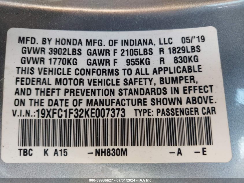 2019 Honda Civic Ex VIN: 19XFC1F32KE007373 Lot: 39986627