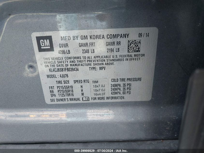 2015 Buick Encore Convenience VIN: KL4CJBSB1FB039434 Lot: 39986629