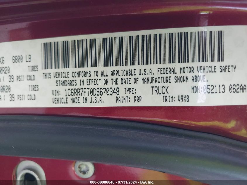 2013 Ram 1500 Express VIN: 1C6RR7FT0DS670348 Lot: 39986648