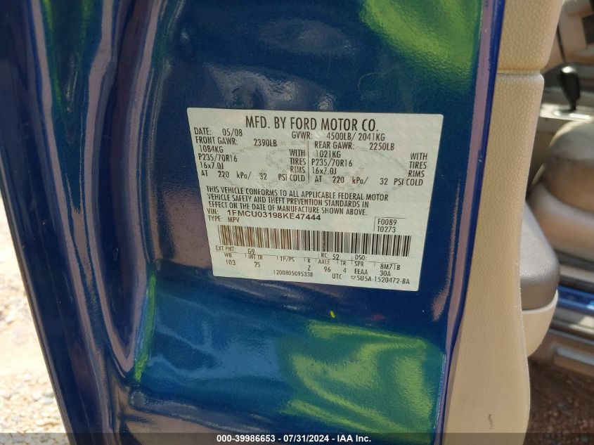 2008 Ford Escape Xlt VIN: 1FMCU03198KE47444 Lot: 39986653