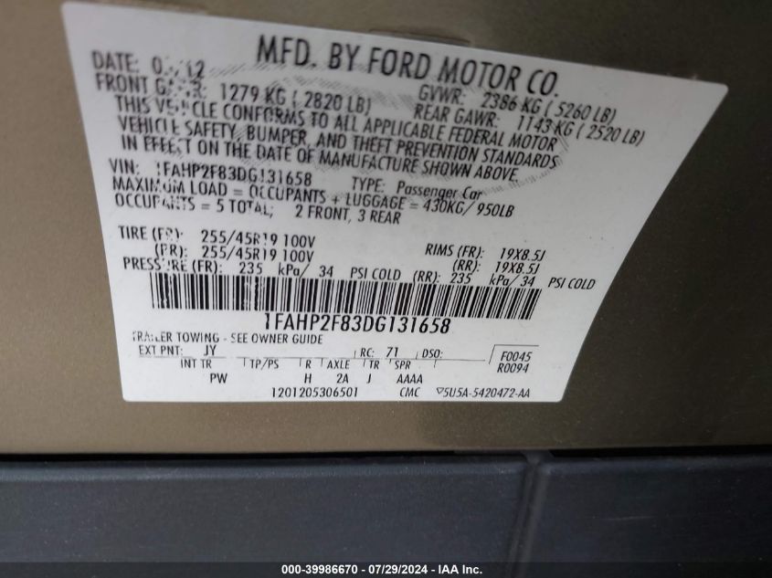 2013 Ford Taurus Limited VIN: 1FAHP2F83DG131658 Lot: 39986670