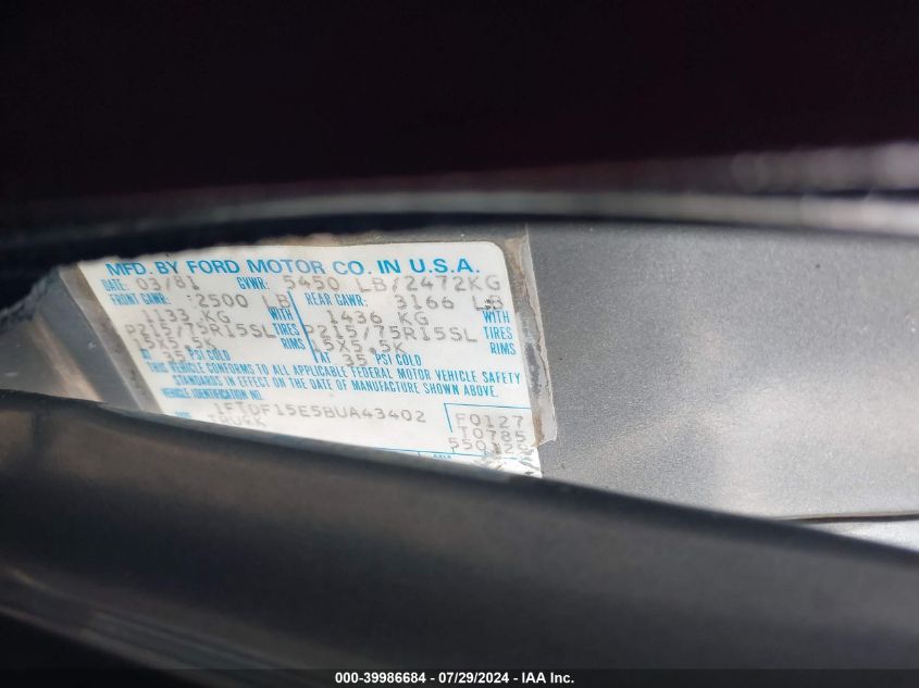 1981 Ford F150 VIN: 1FTDF15E5BUA43402 Lot: 39986684