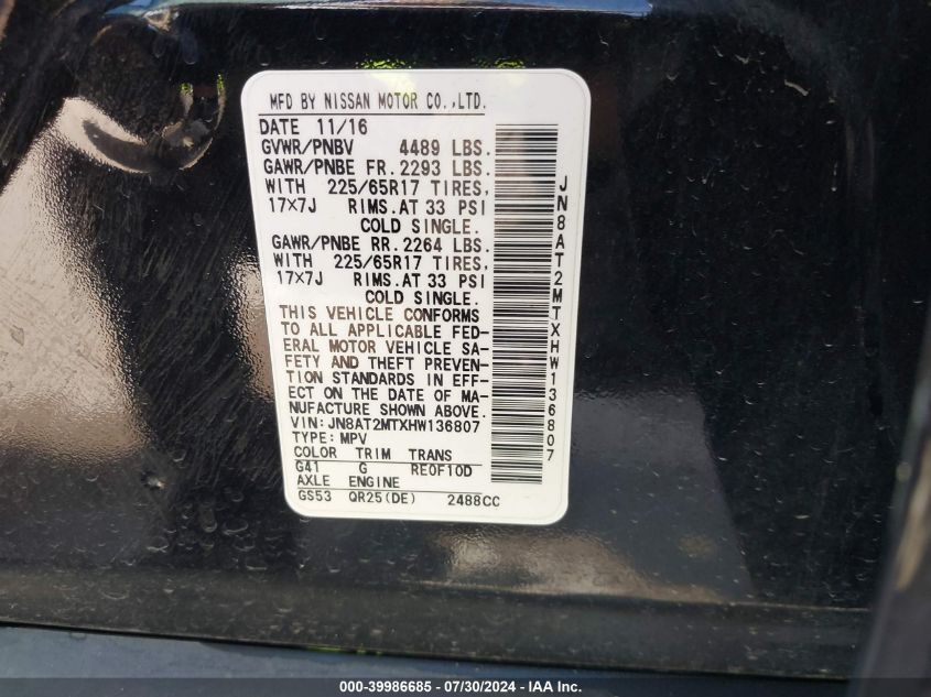 2017 Nissan Rogue S VIN: JN8AT2MTXHW136807 Lot: 39986685