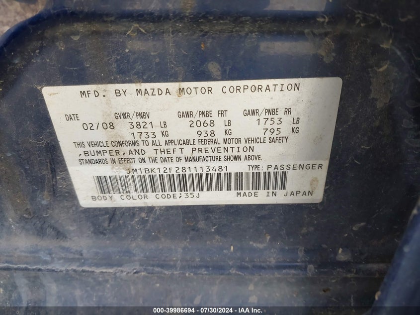 2008 Mazda Mazda3 I Sport VIN: JM1BK12F281113481 Lot: 39986694