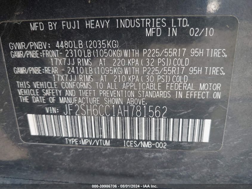 2010 Subaru Forester 2.5X Premium VIN: JF2SH6CC1AH781562 Lot: 39986706