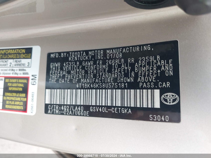 2008 Toyota Camry Le V6/Se V6/Xle V6 VIN: 4T1BK46K58U575181 Lot: 39986718