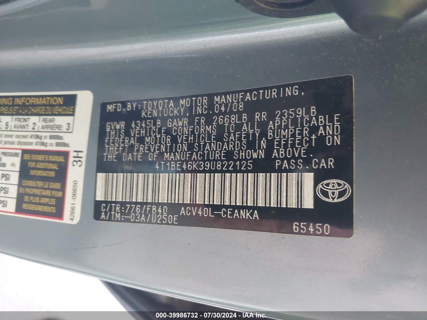 2009 Toyota Camry Le VIN: 4T1BE46K39U822125 Lot: 39986732
