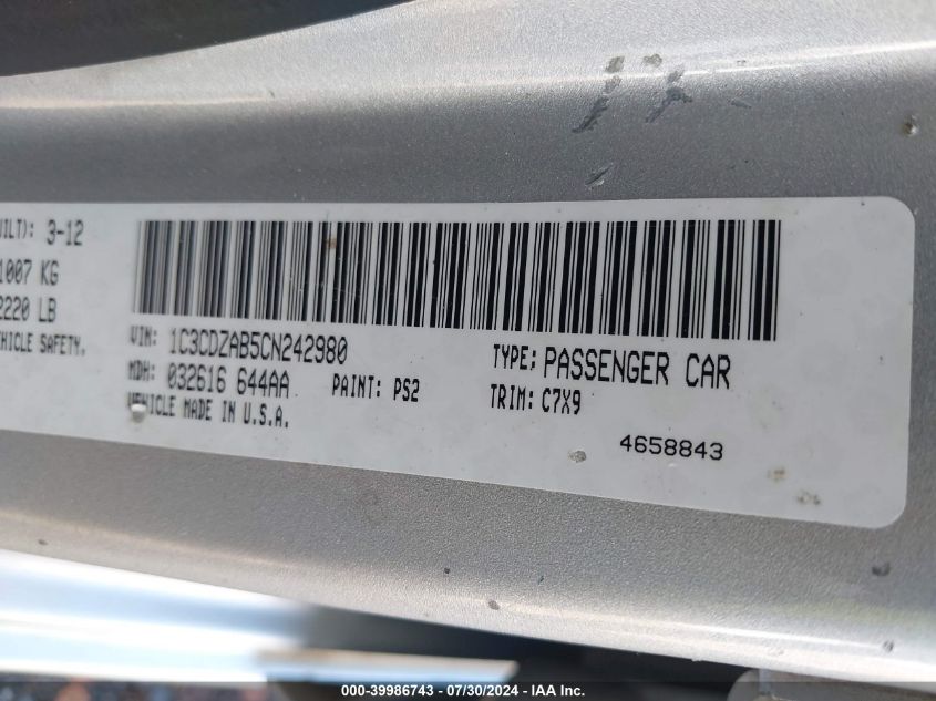 2012 Dodge Avenger Se VIN: 1C3CDZAB5CN242980 Lot: 39986743