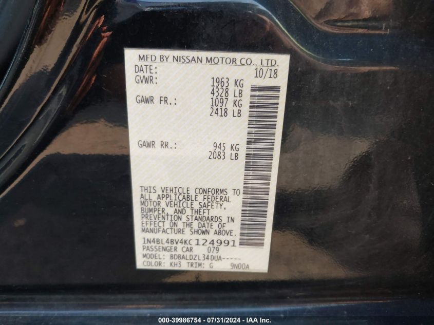 1N4BL4BV4KC124991 2019 Nissan Altima 2.5 S