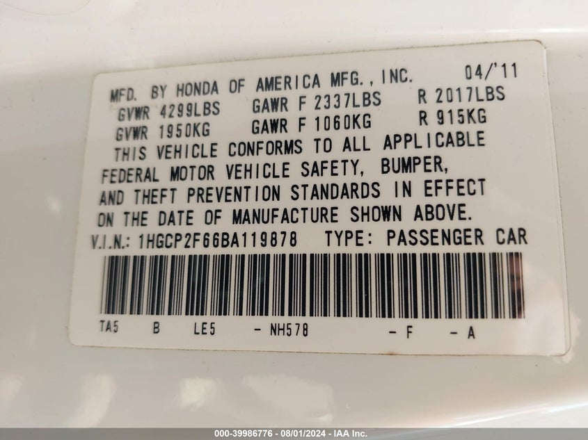 2011 Honda Accord 2.4 Se VIN: 1HGCP2F66BA119878 Lot: 39986776