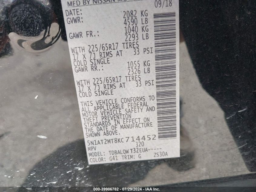 2019 NISSAN ROGUE SV - 5N1AT2MT8KC714452