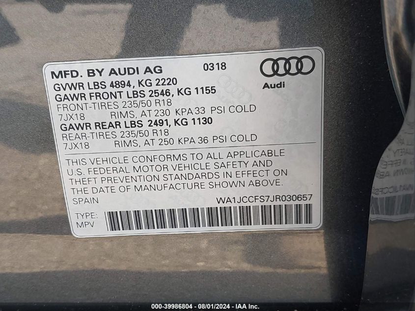 VIN WA1JCCFS7JR030657 2018 AUDI Q3 2.0T PREMIUM/2.0T SPORT PREMIUM