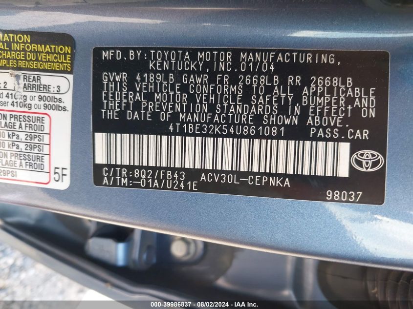 2004 Toyota Camry Le VIN: 4T1BE32K54U861081 Lot: 39986837