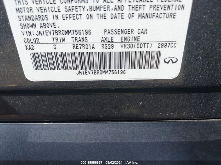 2021 Infiniti Q50 Luxe VIN: JN1EV7BR0MM756196 Lot: 39986857