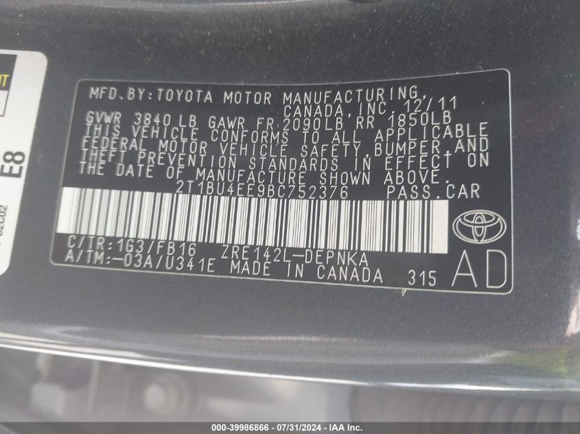 2011 Toyota Corolla Le VIN: 2T1BU4EE9BC752376 Lot: 39986866