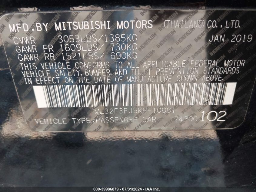 2019 Mitsubishi Mirage G4 Es/Rf VIN: ML32F3FJ5KHF10881 Lot: 39986879