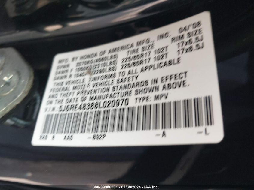 2008 Honda Cr-V Lx VIN: 5J6RE48388L020970 Lot: 39986881