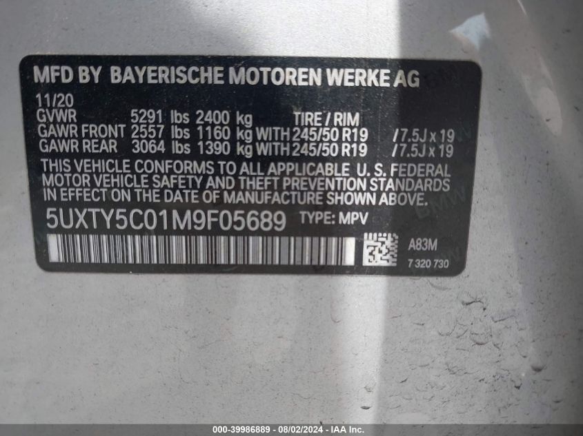 2021 BMW X3 xDrive30I VIN: 5UXTY5C01M9F05689 Lot: 39986889