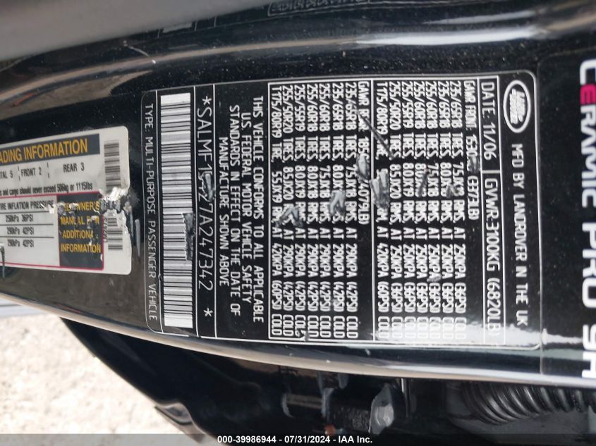 2007 Land Rover Range Rover Hse VIN: SALMF15427A247342 Lot: 39986944