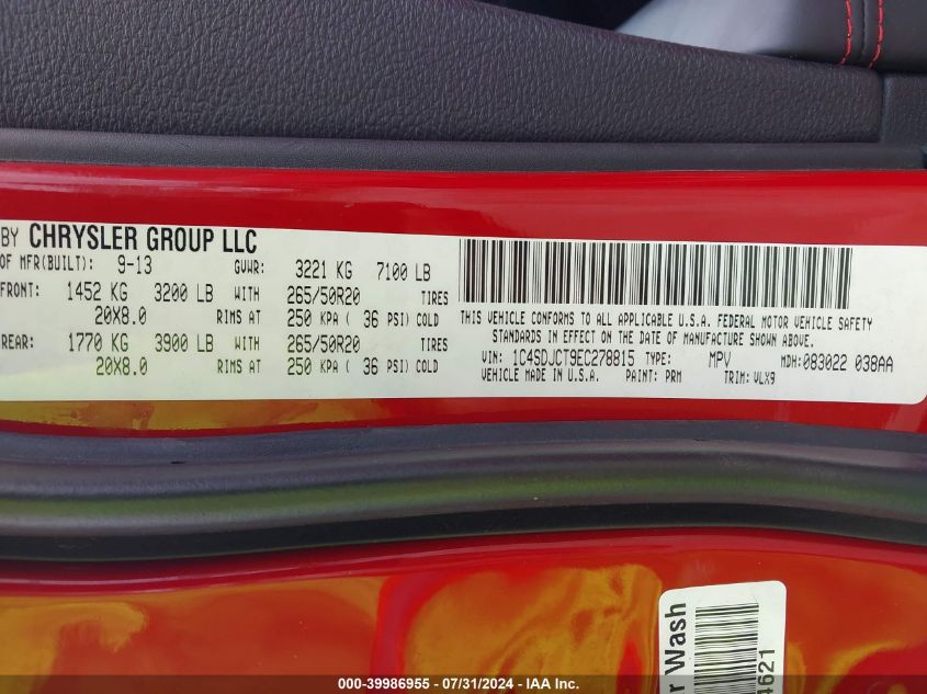 2014 Dodge Durango R/T VIN: 1C4SDJCT9EC278815 Lot: 39986955