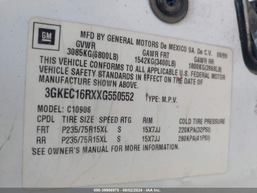 1999 GMC Suburban 1500 Sl VIN: 3GKEC16RXXG550552 Lot: 39986970