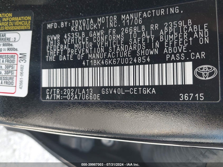 2007 Toyota Camry Xle V6 VIN: 4T1BK46K67U024854 Lot: 39987003