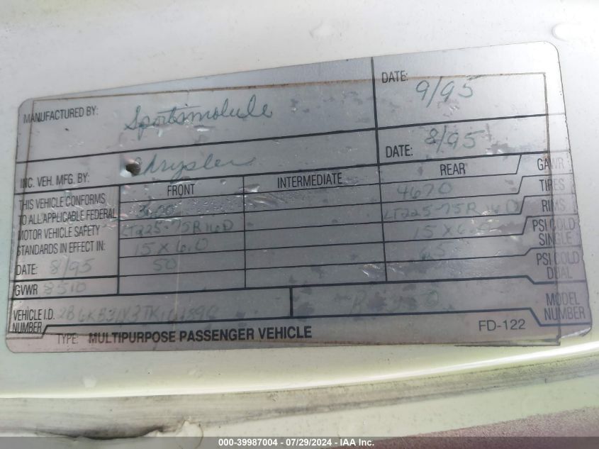 2B6KB31Y3TK101890 1996 Dodge Ram Van B3500