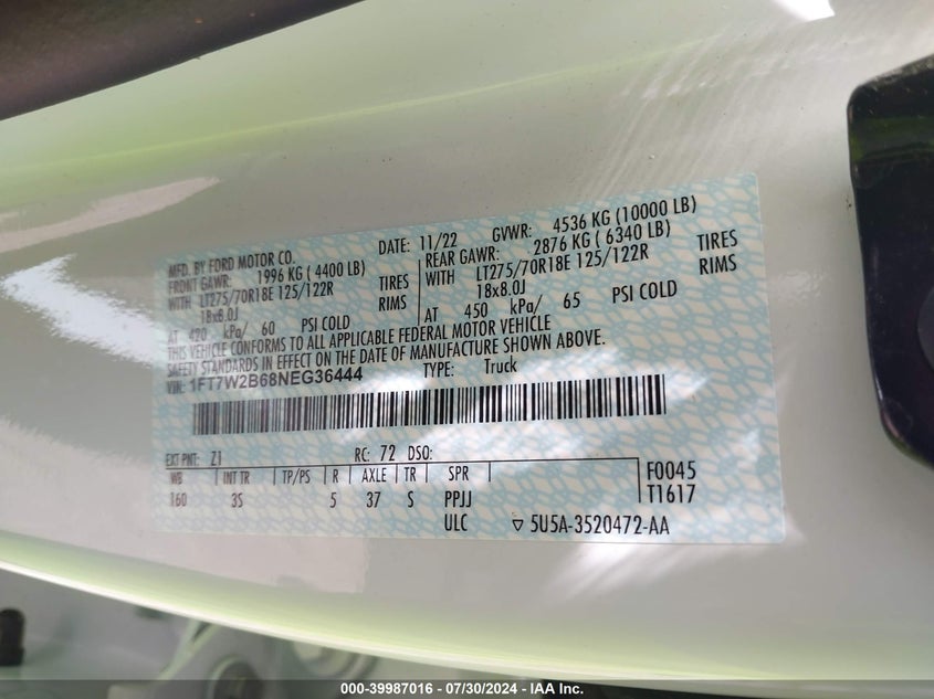 2022 Ford F250 Super Duty VIN: 1FT7W2B68NEG36444 Lot: 39987016