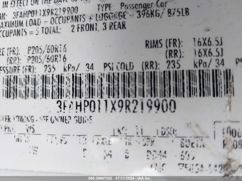 2009 Ford Fusion Se VIN: 3FAHP011X9R219900 Lot: 39987020