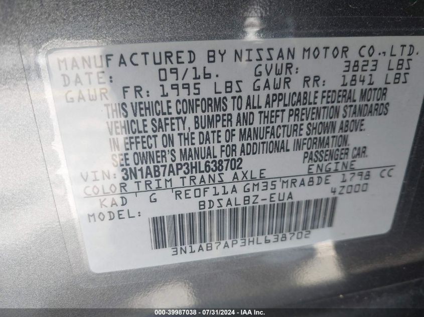 2017 NISSAN SENTRA S - 3N1AB7AP3HL638702