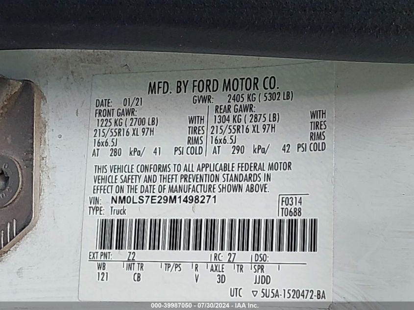 2021 Ford Transit Connect Xl VIN: NM0LS7E29M1498271 Lot: 39987050