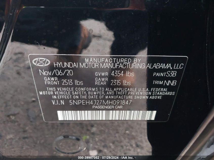 2021 Hyundai Sonata Limited VIN: 5NPEH4J27MH091847 Lot: 39987052