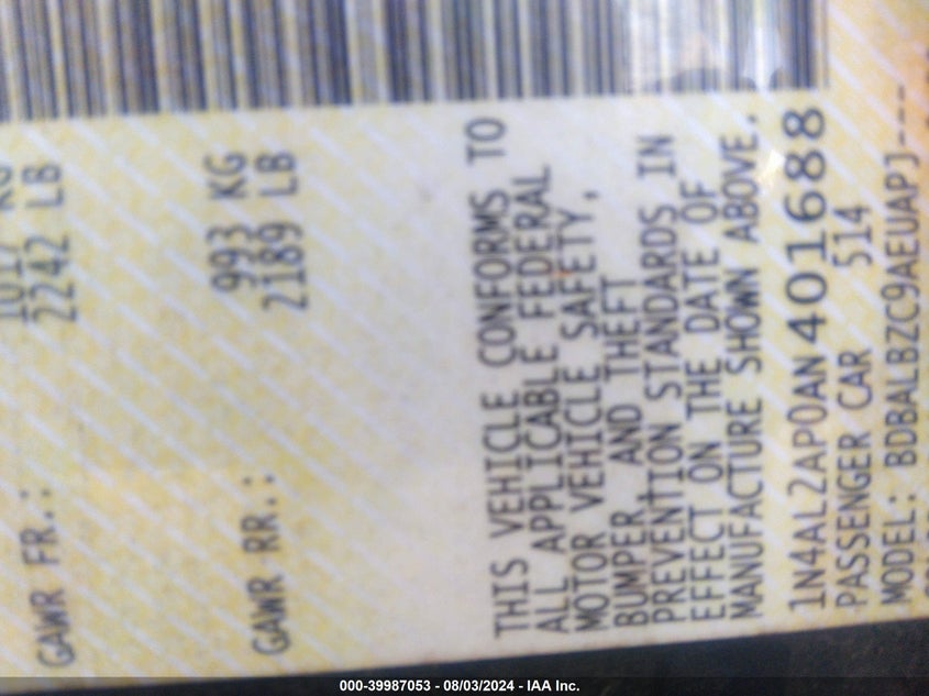 2010 Nissan Altima S VIN: 1N4AL2AP0AN401688 Lot: 39987053