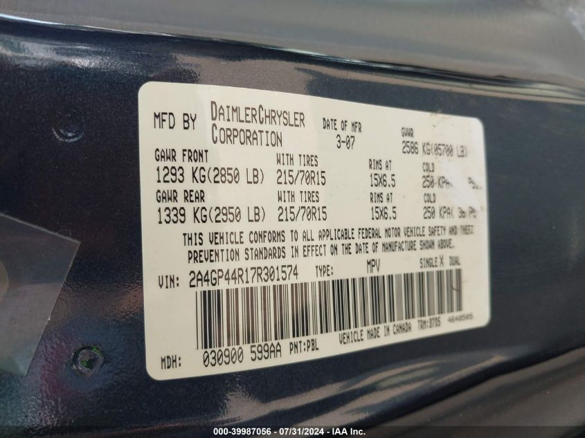 2007 Chrysler Town & Country Lx VIN: 2A4GP44R17R301574 Lot: 39987056