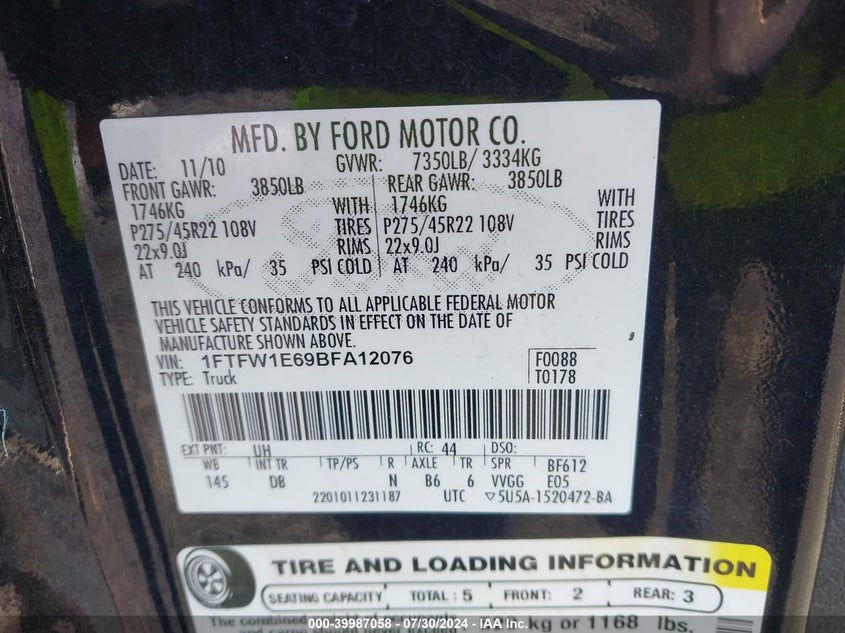 2011 Ford F-150 Supercrew VIN: 1FTFW1E69BFA12076 Lot: 39987058