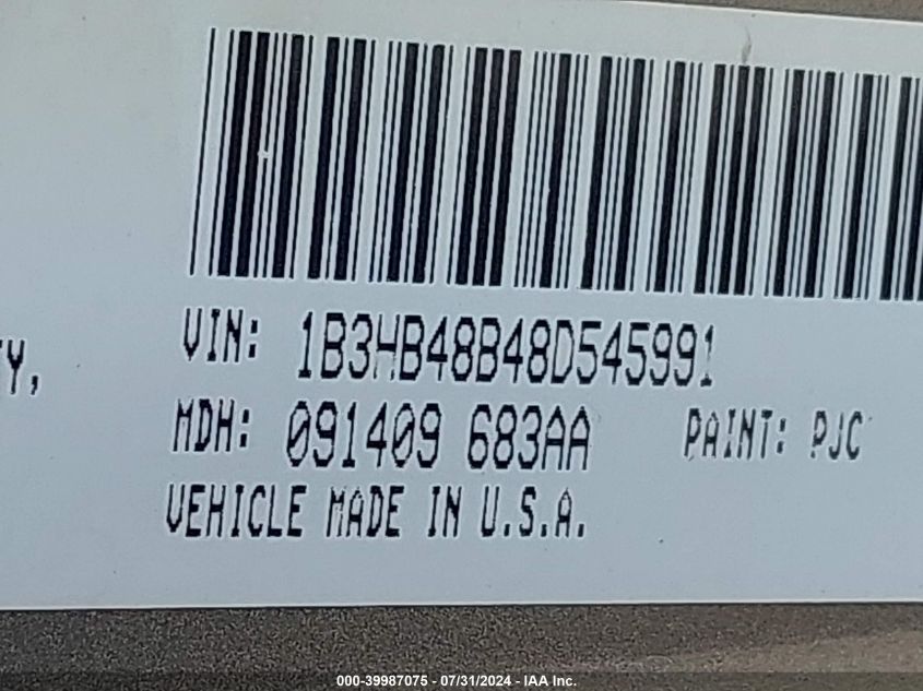 2008 Dodge Caliber Sxt VIN: 1B3HB48B48D545991 Lot: 39987075