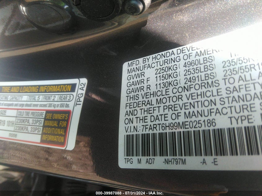 2021 Honda Cr-V Hybrid Touring VIN: 7FART6H99ME025186 Lot: 39987088