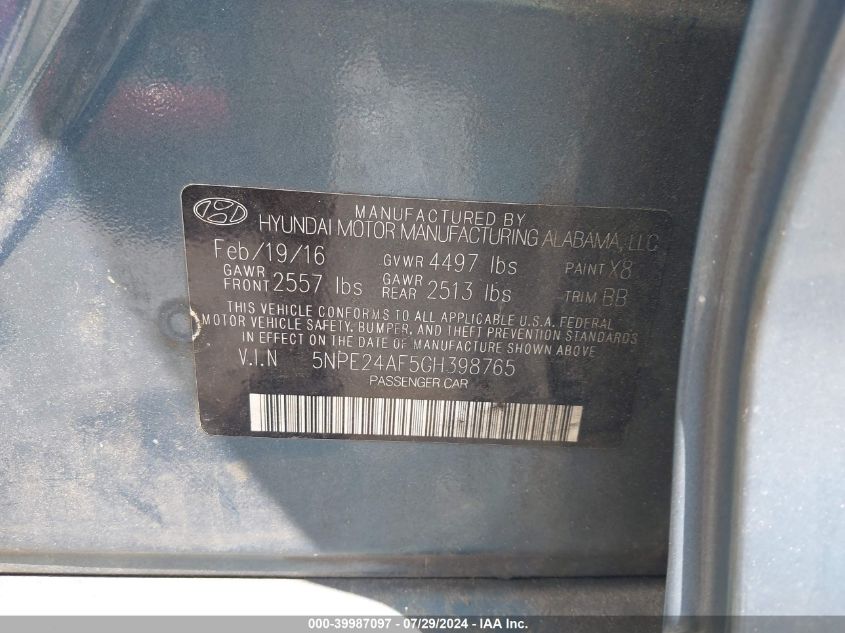 5NPE24AF5GH398765 | 2016 HYUNDAI SONATA