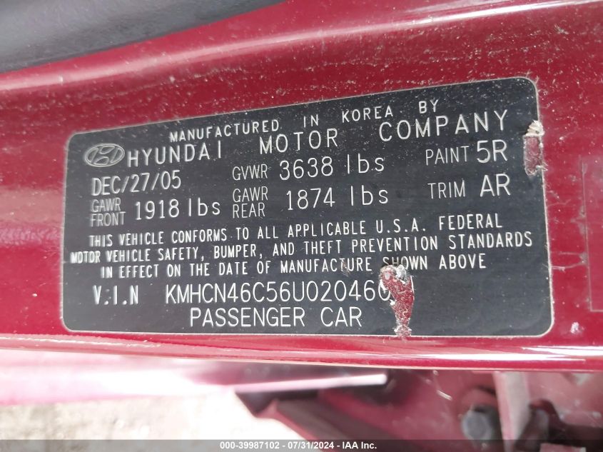 2006 Hyundai Accent Gls VIN: KMHCN46C56U020460 Lot: 39987102