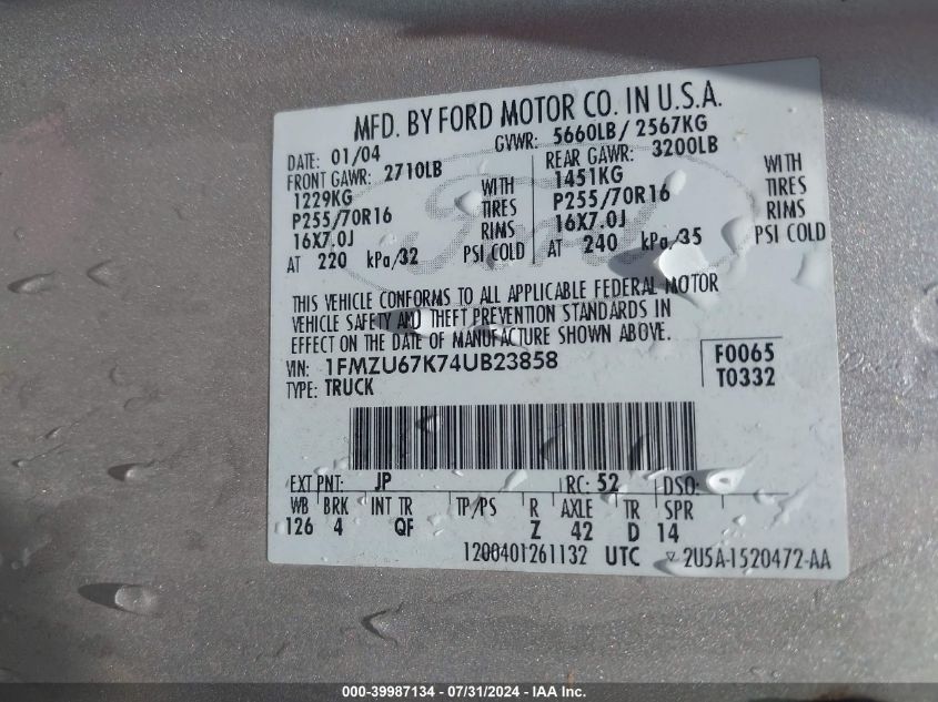 2004 Ford Explorer Sport Trac Adrenalin/Xls/Xlt VIN: 1FMZU67K74UB23858 Lot: 39987134