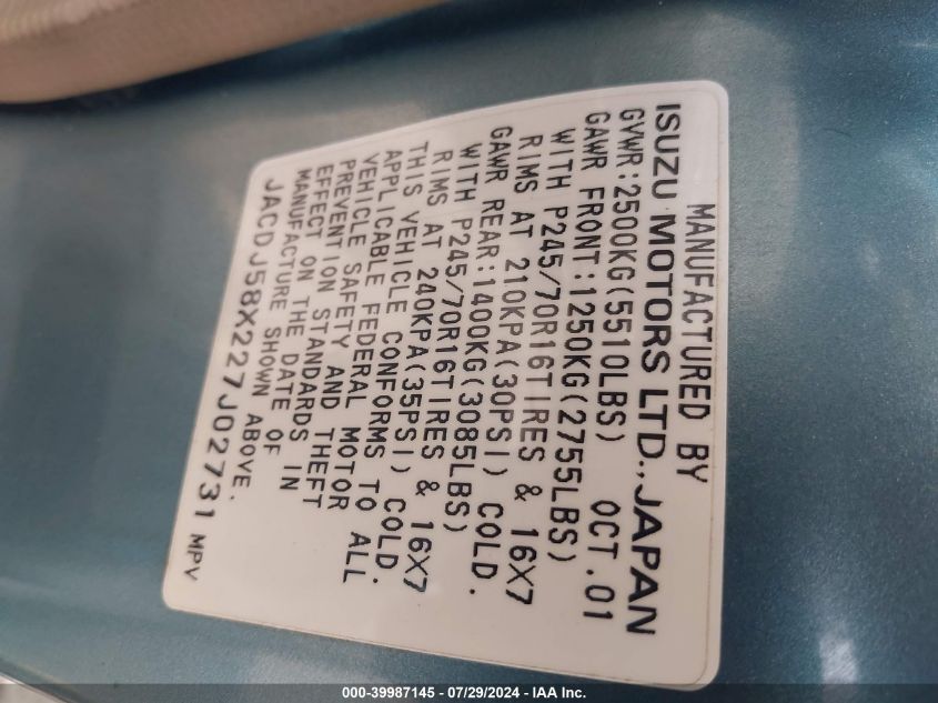 2002 Isuzu Trooper Limited/Ls/S VIN: JACDJ58X227J02731 Lot: 39987145